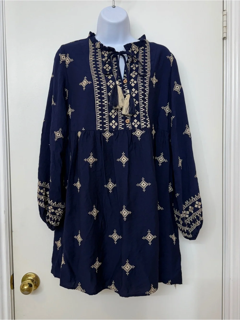 NWT Camellia Embroidered Boho Mini Dress - Size S Tassel Tie Neck- Navy - Picture 1 of 13